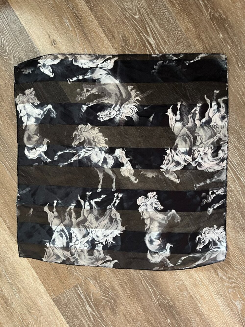 Vintage RARE Silk Stunning Sheer Black Striped White Shadow Horses Scarf